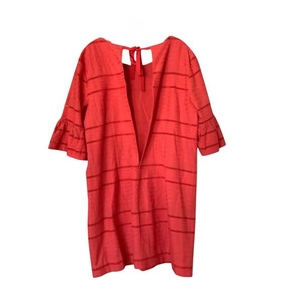 J.Crew Dress Size 14 Bright Coral Eyelet Flutter Sleeve Textured Shift Tie Back - Picture 7 of 11